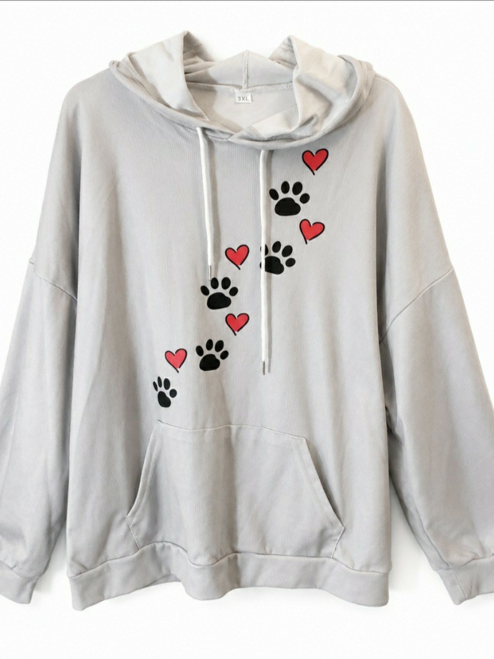 Women 3XL slight gray hoodie with a graphic of black paw prints and red hearts.